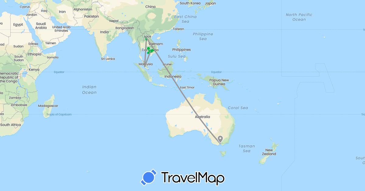 TravelMap itinerary: driving, bus, plane, boat in Australia, Cambodia, Laos, Malaysia (Asia, Oceania)
